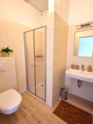 Modernes Badezimmer mit Dusche, Waschbecken und WC im Gästezimmer.