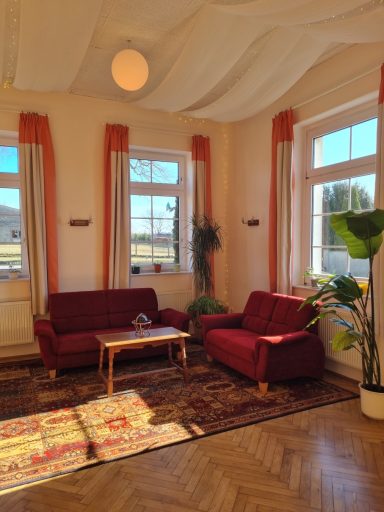 Gemütliche Sitzecke mit roten Sofas, Teppich und Pflanzen im hellen Seminarraum.